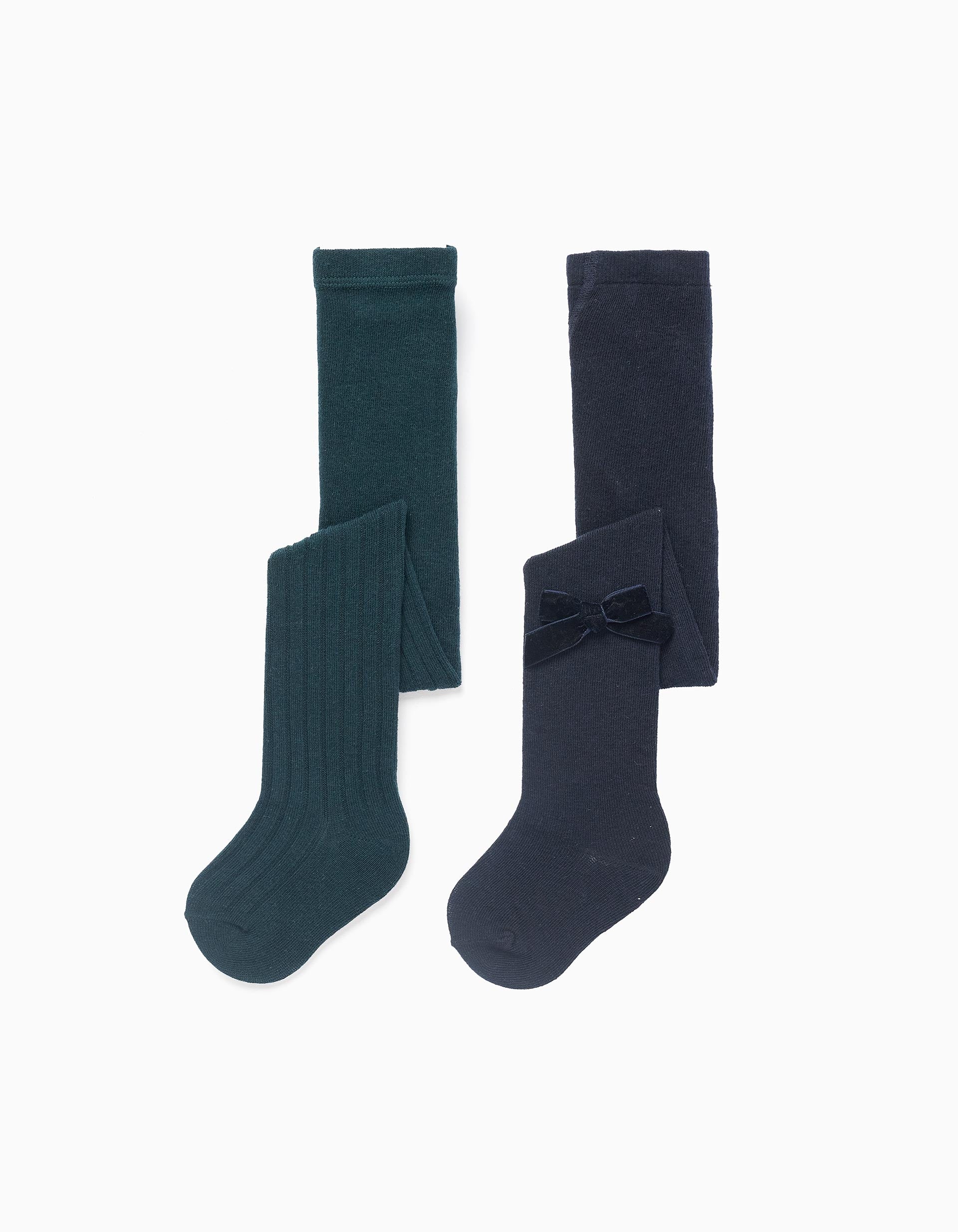 Pack de 2 collants côtelés/avec nœud pour bébé fille, bleu foncé/vert