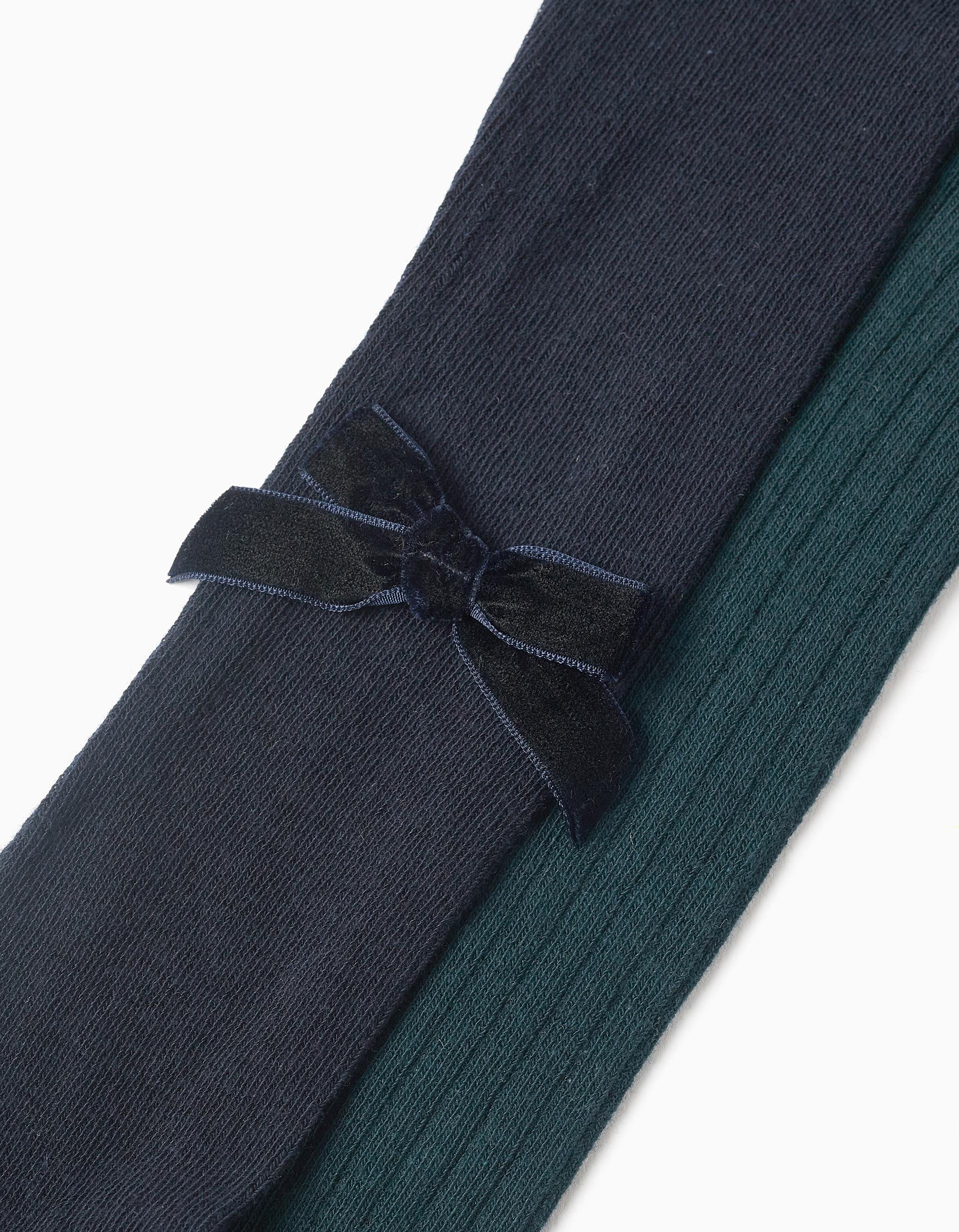 Pack de 2 collants côtelés/avec nœud pour bébé fille, bleu foncé/vert