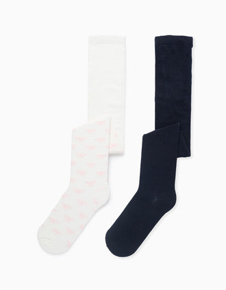 Pack de 2 leotardos lisas/con motivo para niña, azul oscuro/blanco