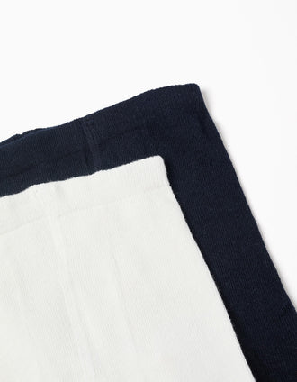 Pack de 2 leotardos lisas/con motivo para niña, azul oscuro/blanco