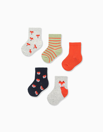 Pack 5 Pares de Meias para Bebé Menino 'Raposa', Multicolor