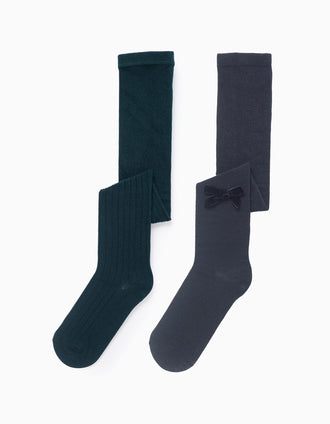 Pack of 2 tights ribbed/with bow for girls, dark blue/green