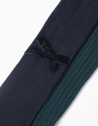 Pack of 2 tights ribbed/with bow for girls, dark blue/green