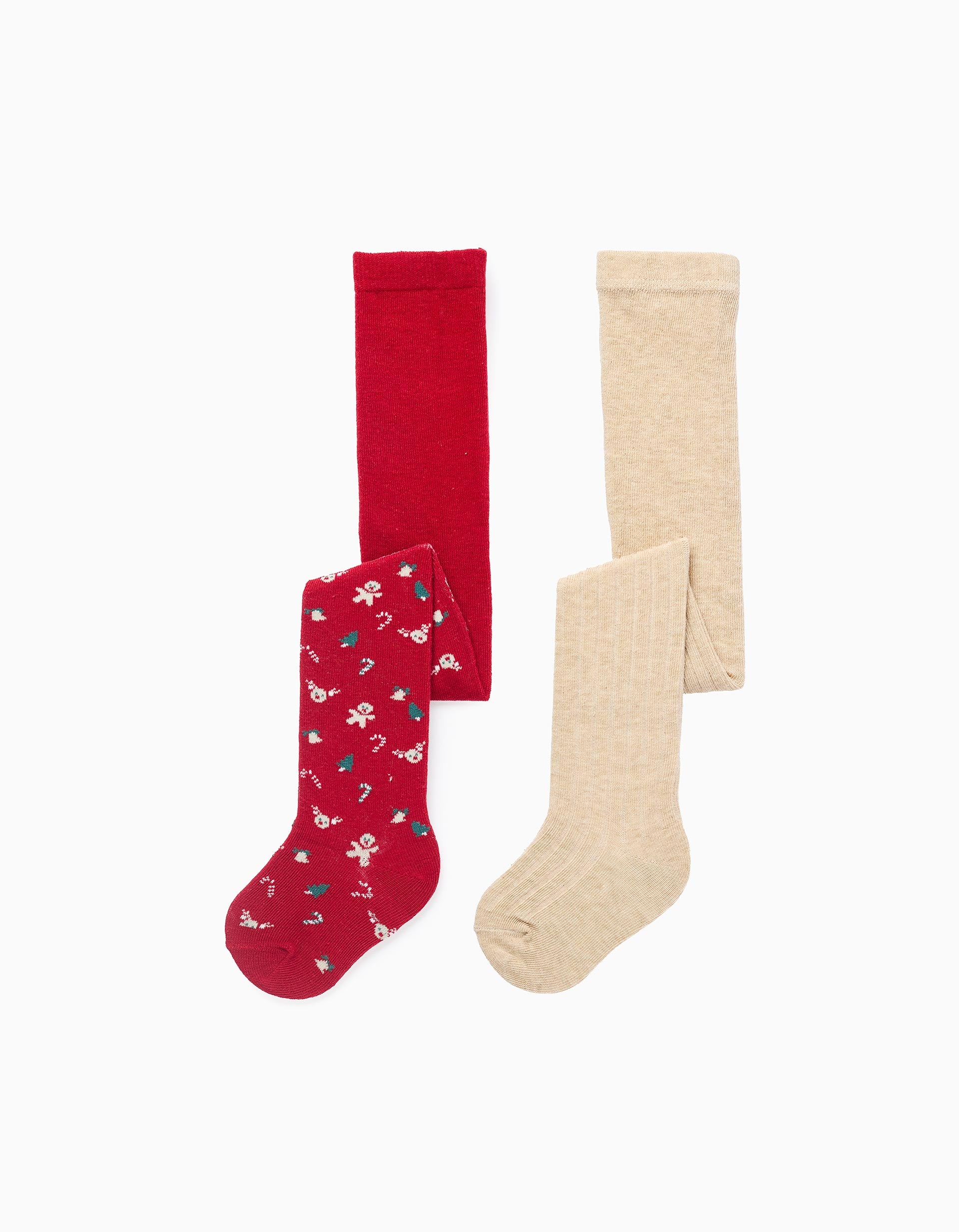 Lot de 2 collants côtelés/à motif pour bébé fille, beige/rouge