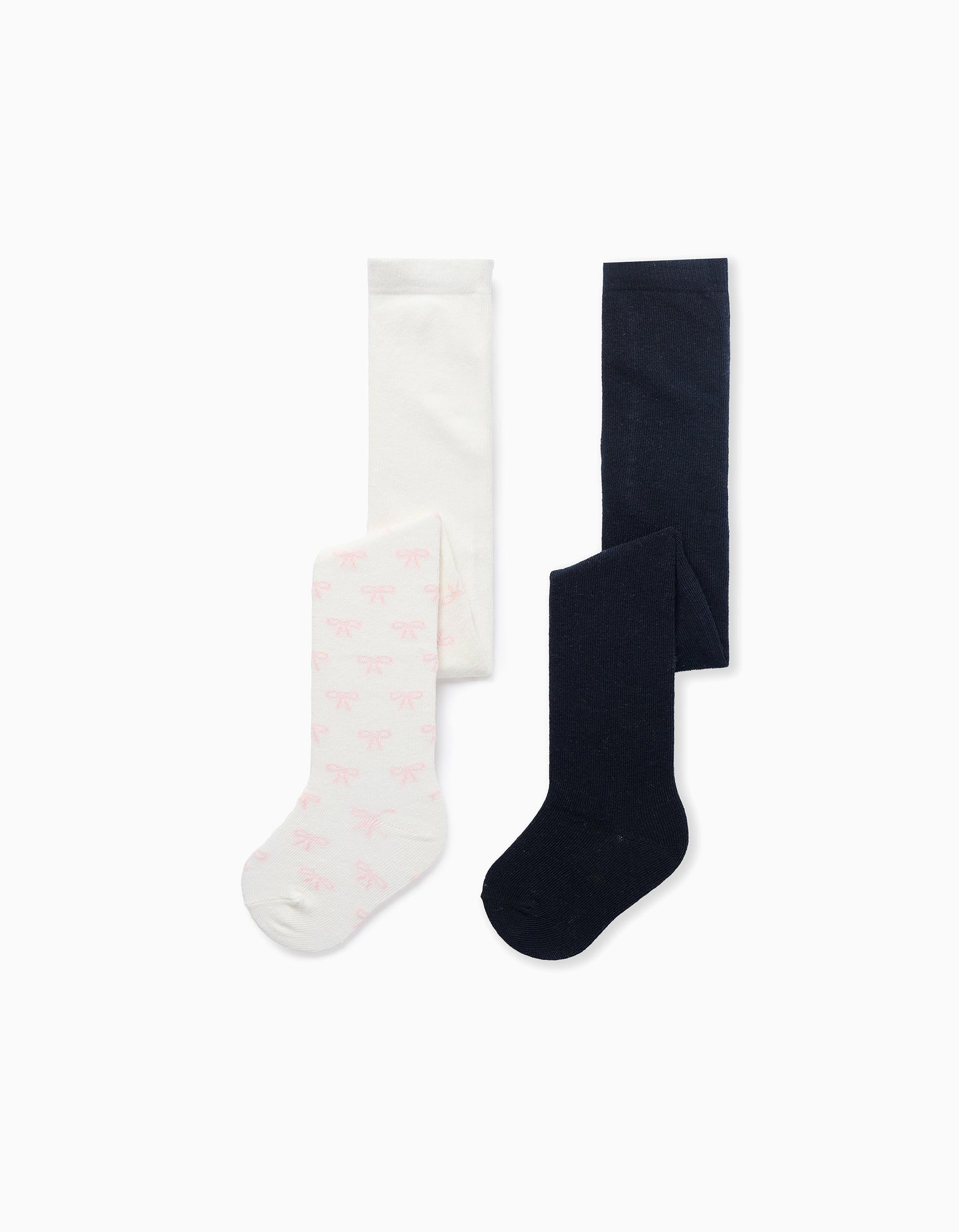 Lot de 2 collants unis/à motif pour bébé fille, bleu foncé/blanc