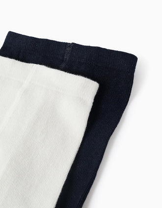 Pack de 2 leotardos lisas/con motivo para bebé niña, azul oscuro/blanco