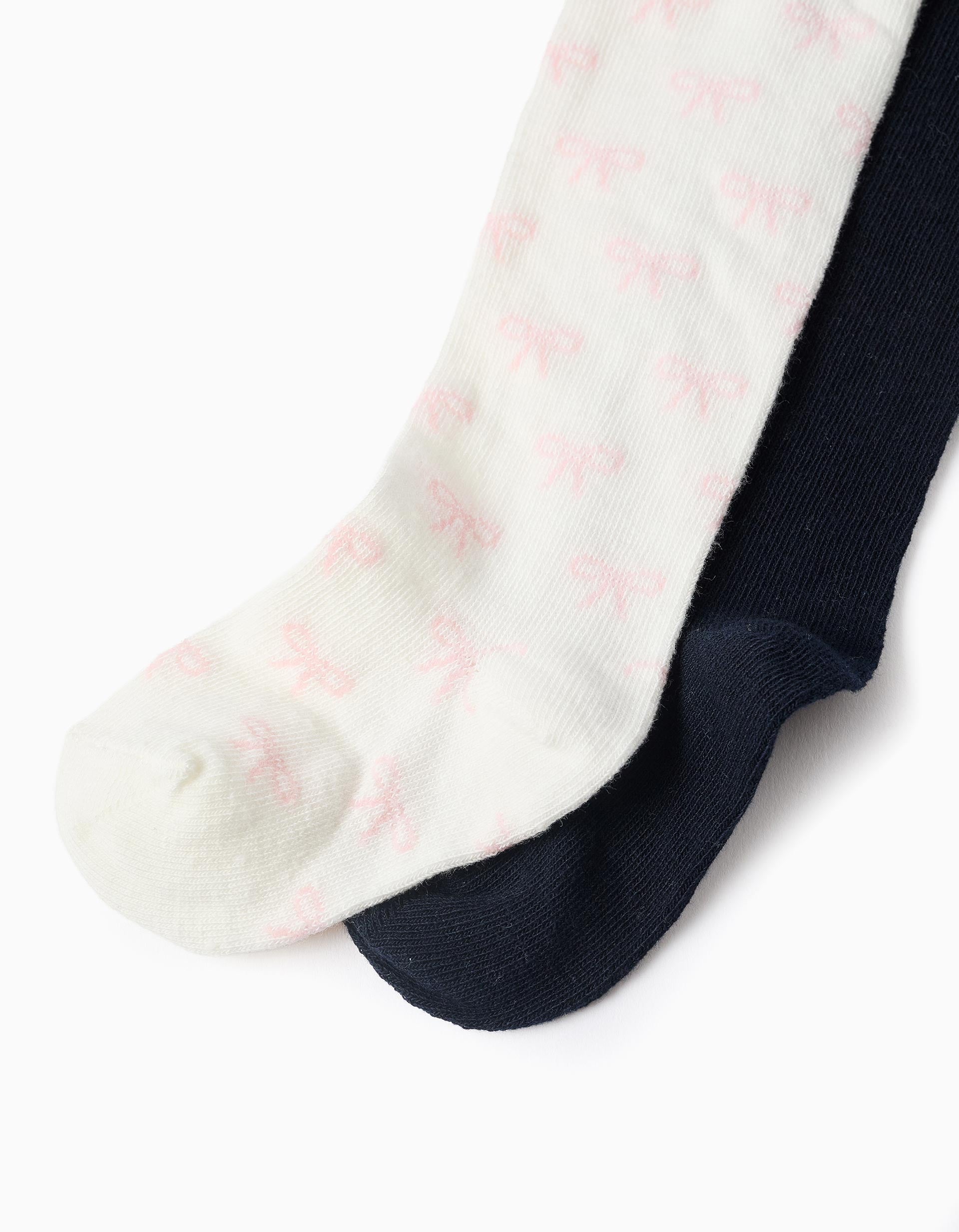 Lot de 2 collants unis/à motif pour bébé fille, bleu foncé/blanc