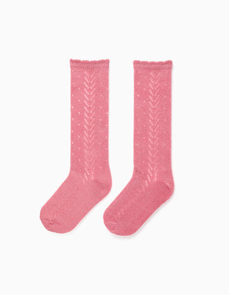 Calcetines Altos de Punto Calado con Caña Ondulada para Niña, Rosa