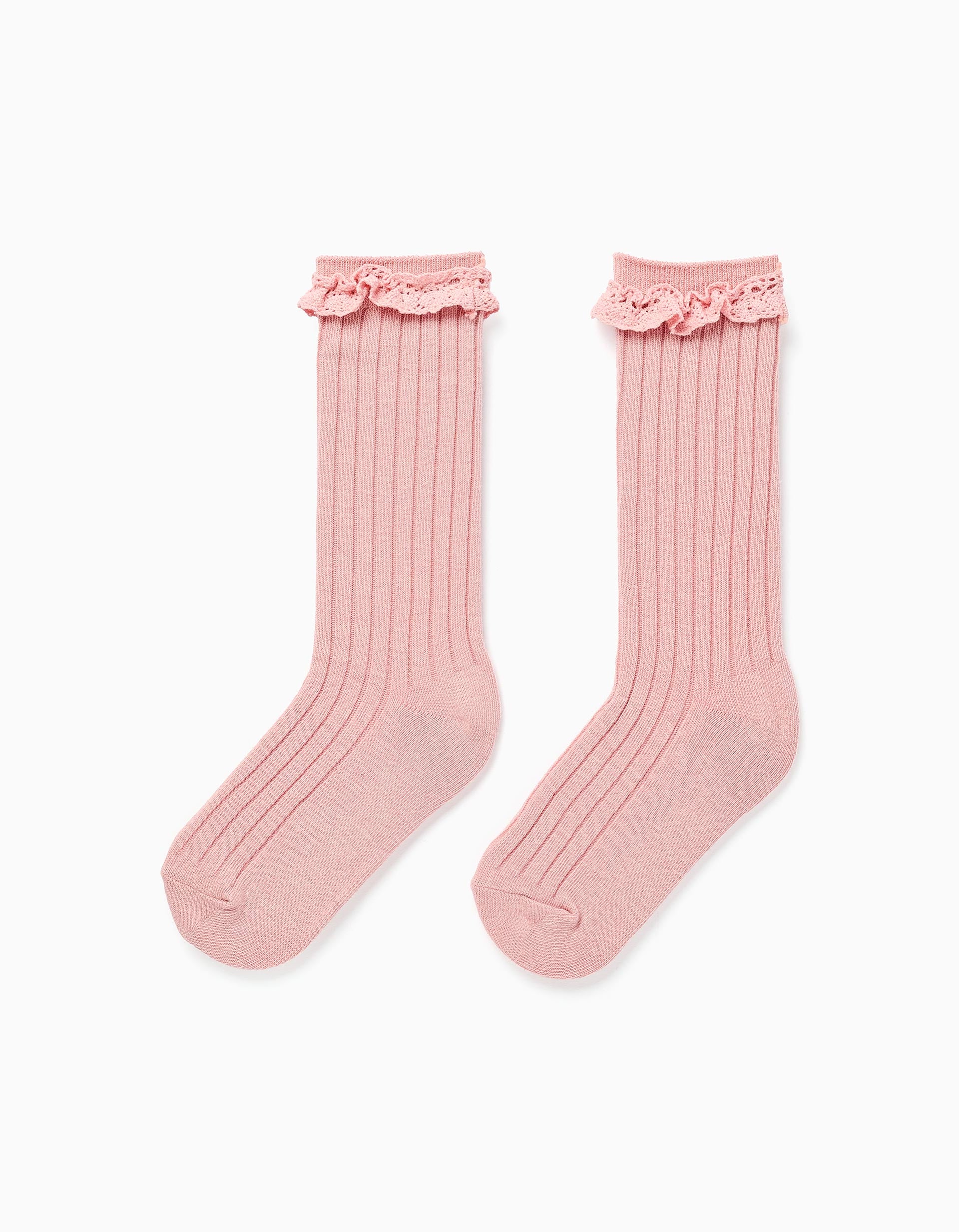 Calcetines altos con volantes de crochet para niña, rosa claro