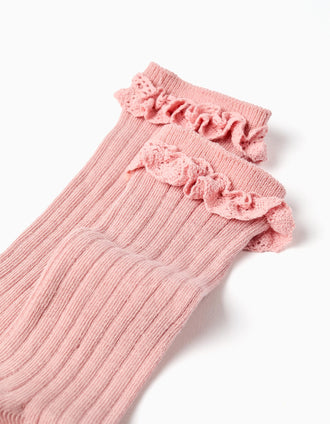 Calcetines altos con volantes de crochet para niña, rosa claro