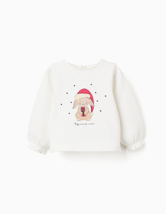 Brushed sweatshirt with Christmas bunny print for baby girls, white