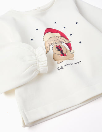 Brushed sweatshirt with Christmas bunny print for baby girls, white