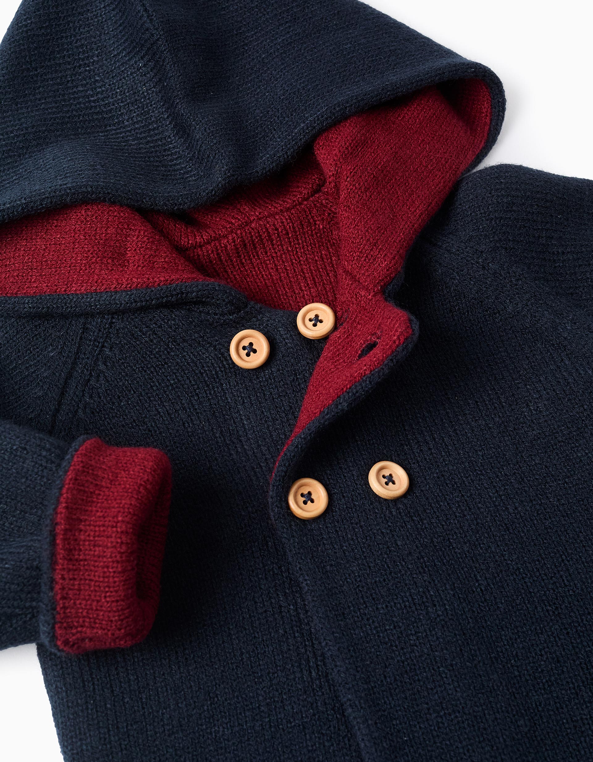 Casaco reversível de malha com capuz para recém-nascido, azul/vermelho