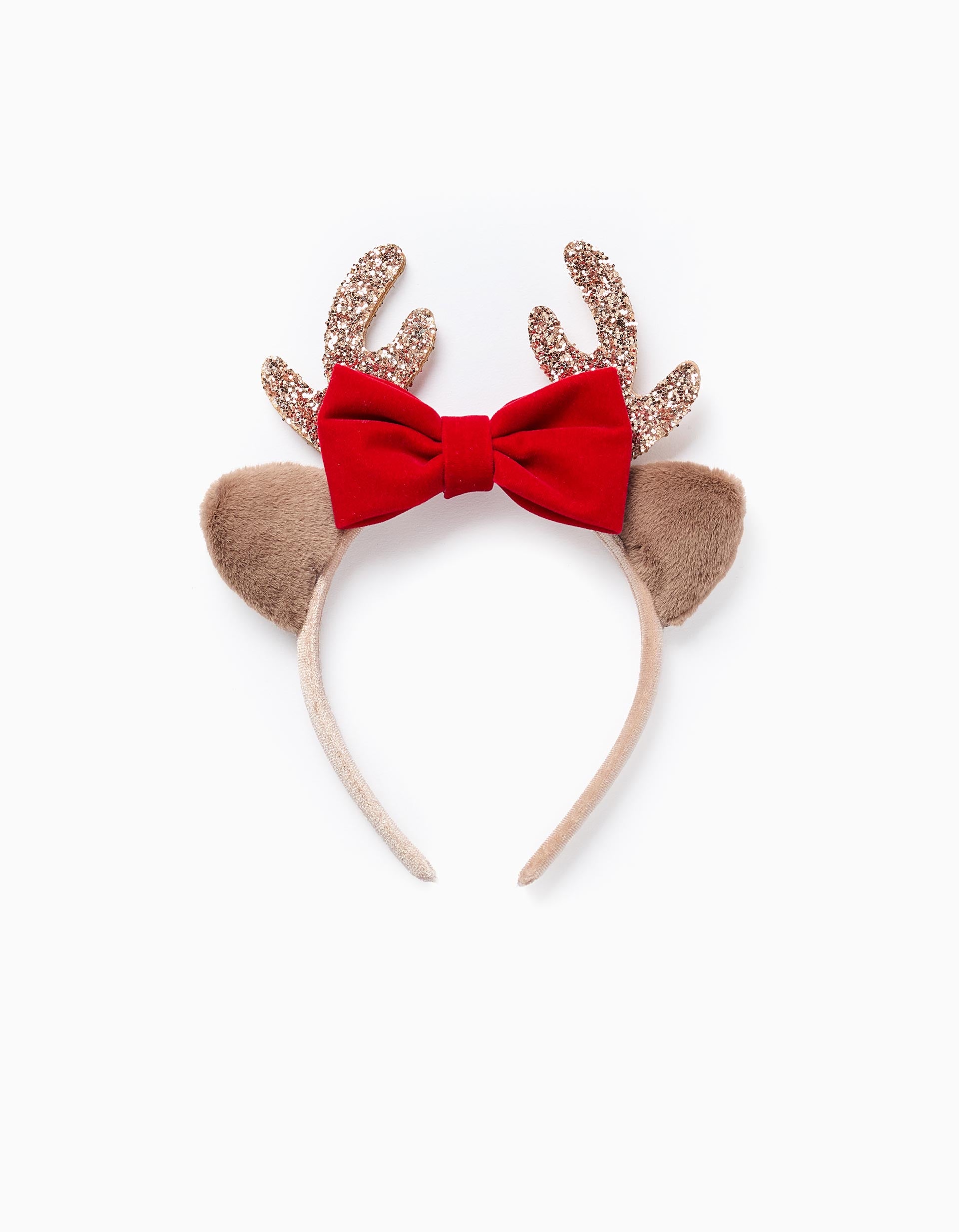 Velour Headband with Bow and Glitter for Babies and Girls 'Reindeer', Beige