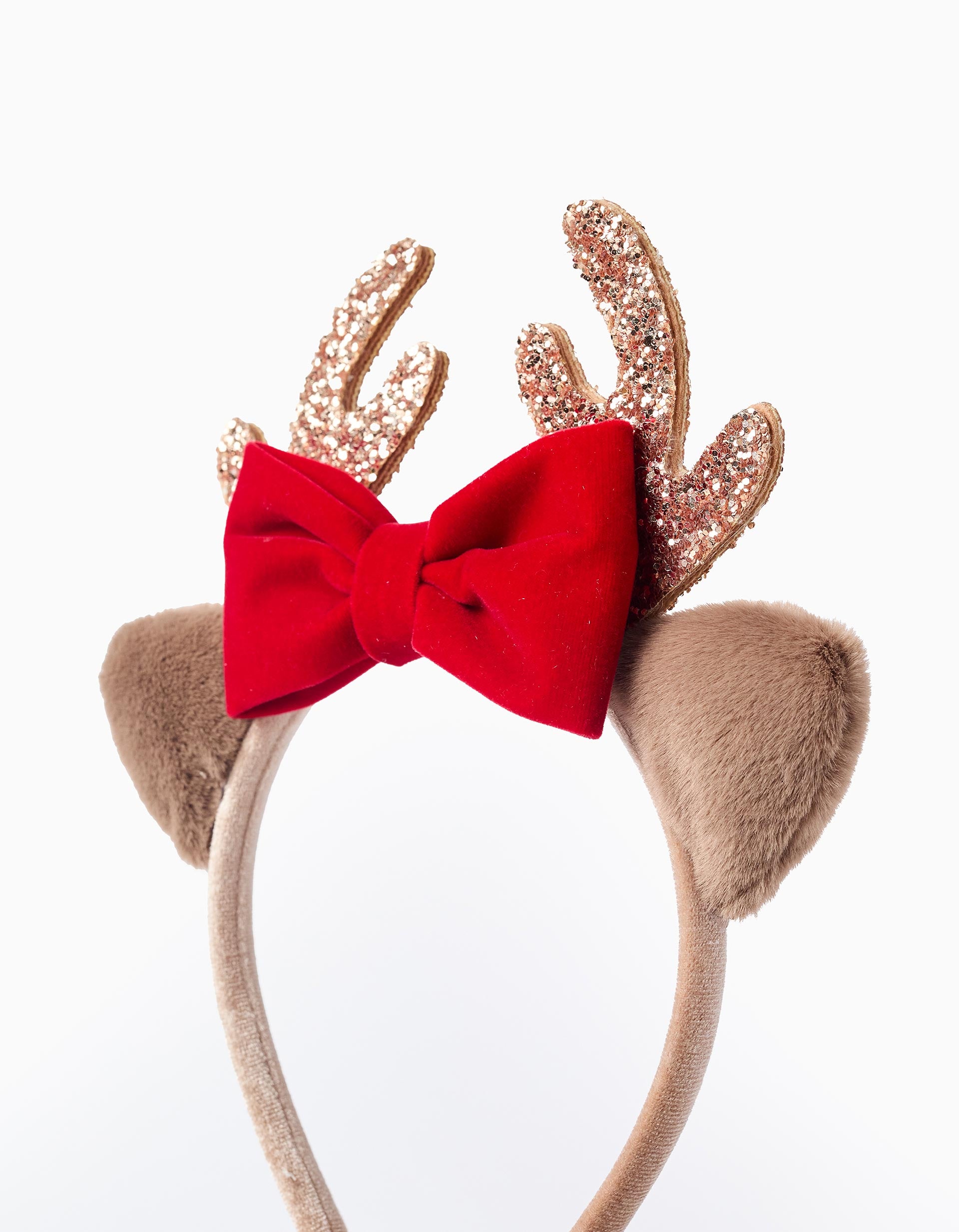 Velour Headband with Bow and Glitter for Babies and Girls 'Reindeer', Beige