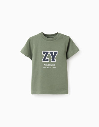 T-shirt de Algodão para Bebé Menino 'ZY', Verde/Azul-Escuro/Branco