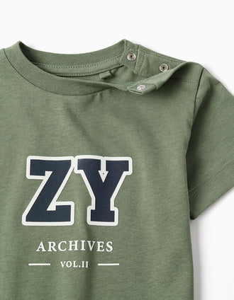 T-shirt de Algodão para Bebé Menino 'ZY', Verde/Azul-Escuro/Branco