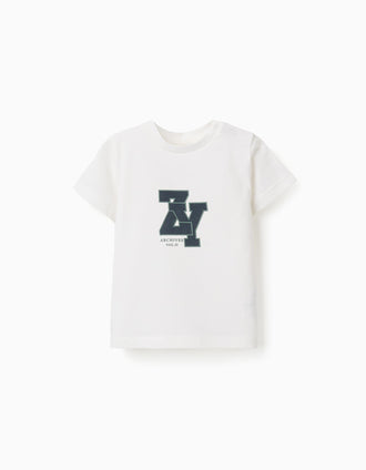 T-shirt de Algodão para Bebé Menino 'ZY', Branco/Azul-Escuro/Verde