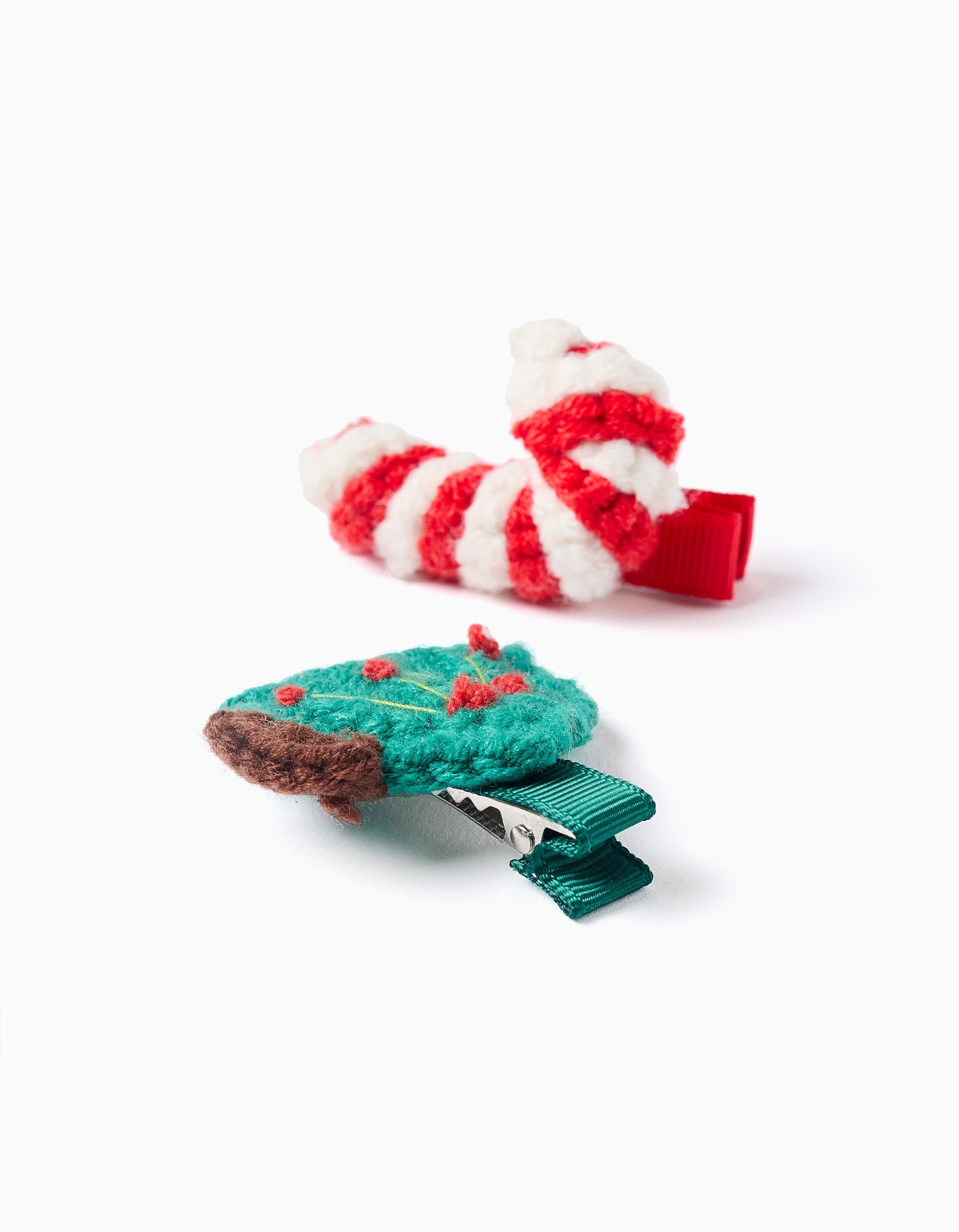 Pack of 2 Knitted Hair Clips for Babies and Girls 'Christmas', Green/Red