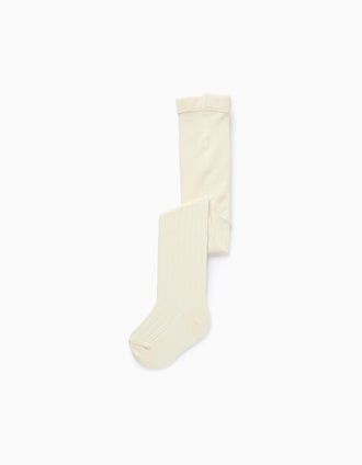 Anti-pilling ribbed knitted tights for babies, light beige
