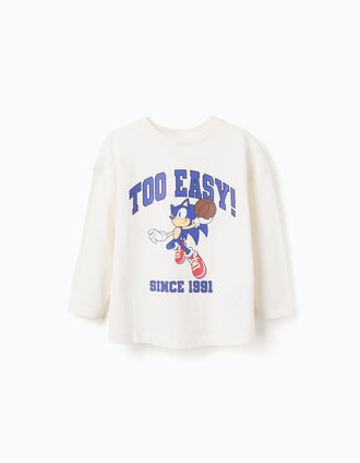 T-shirt en coton avec imprimé Sonic pour garçon, blanc/bleu