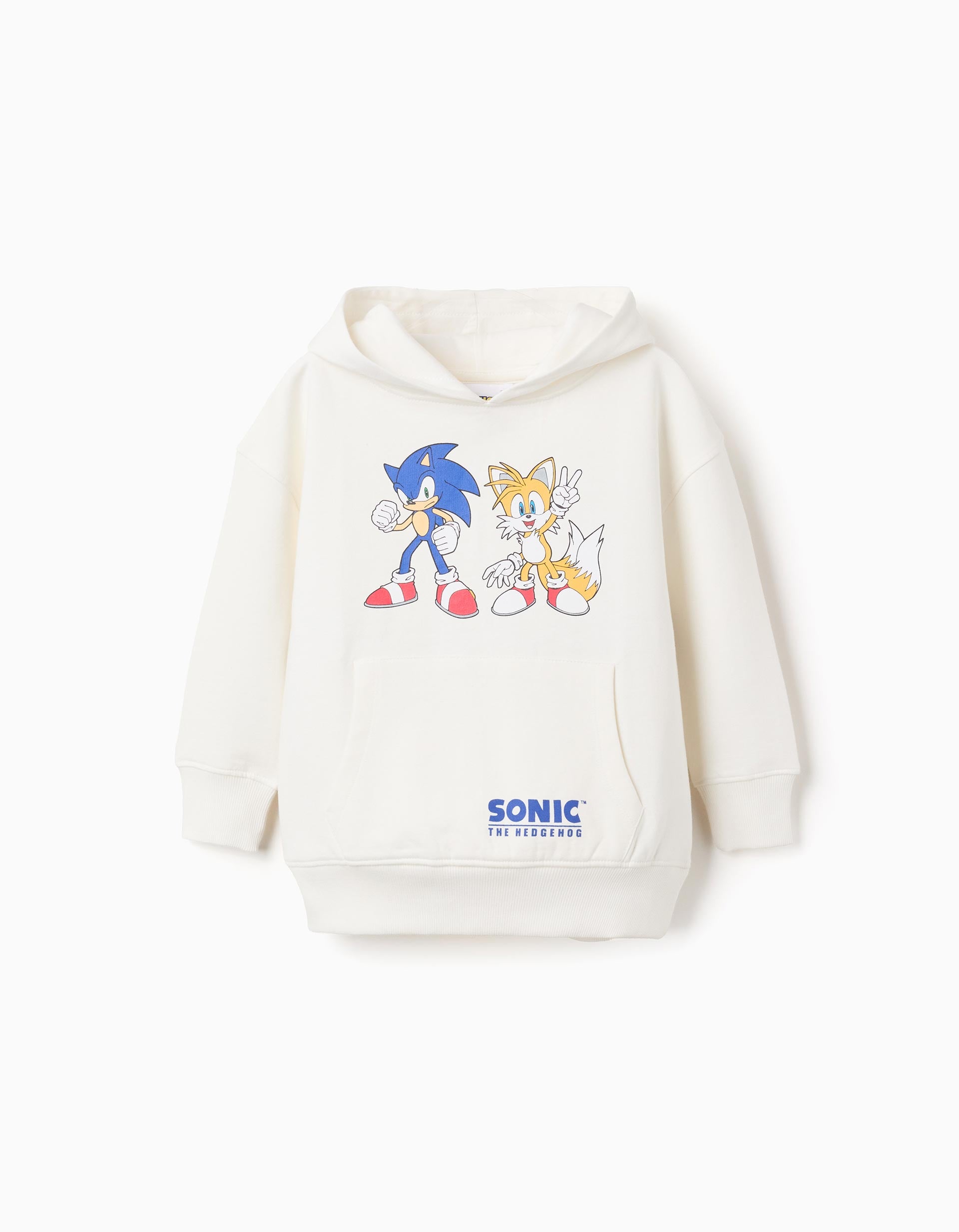 Hooded brushed sweatshirt with Sonic and Tails print for boys, white