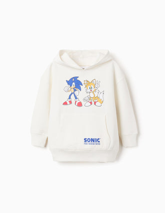 Sweat cardada com capuz e estampado Sonic e Tails para menino, branco