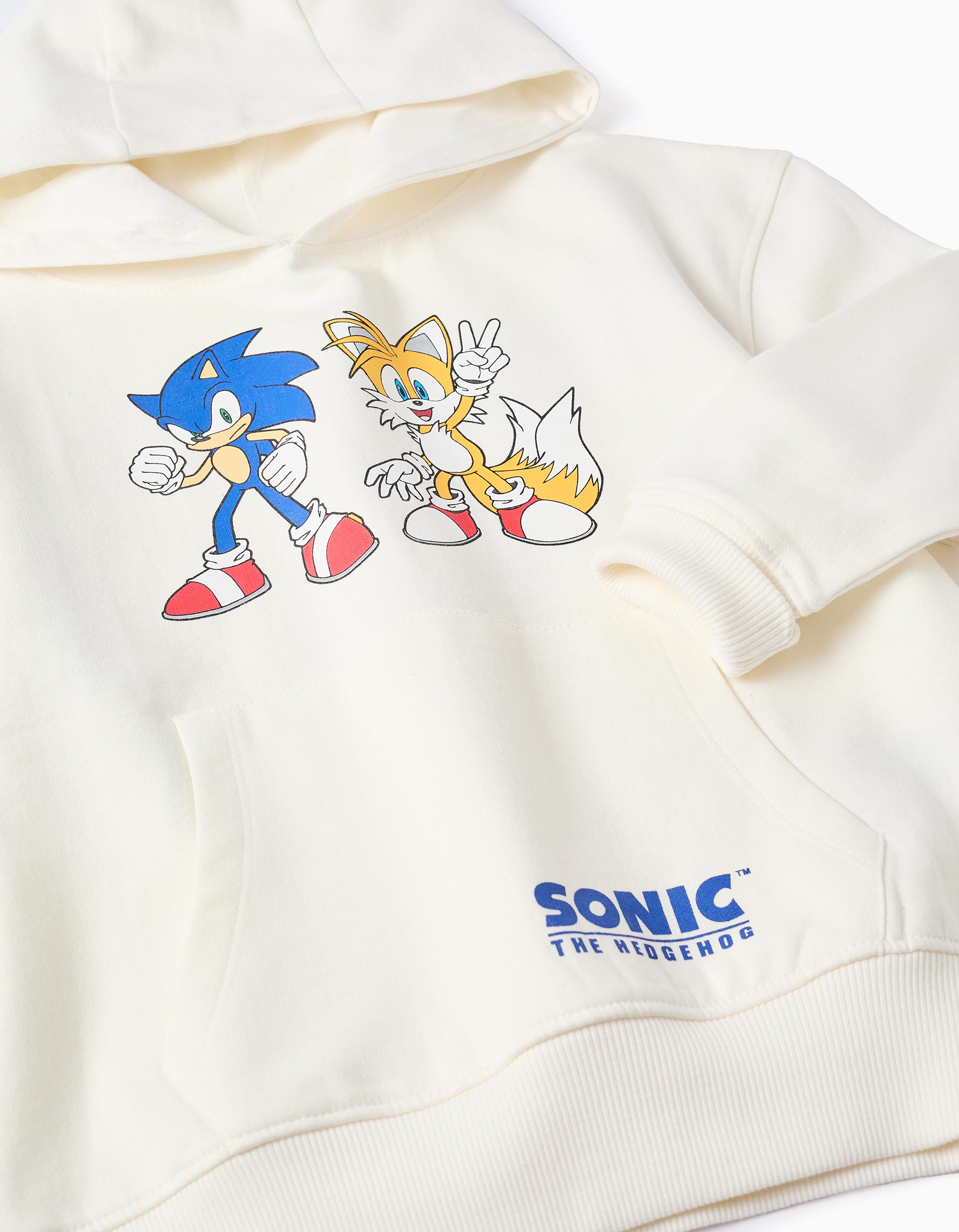 Hooded brushed sweatshirt with Sonic and Tails print for boys, white
