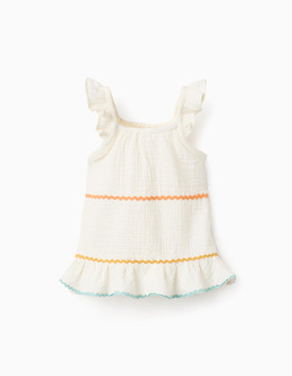 Cotton sleeveless top with ruffles for baby girls, light beige