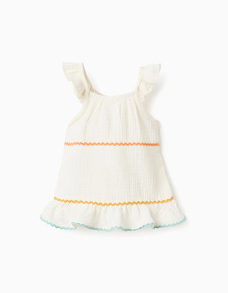 Cotton sleeveless top with ruffles for baby girls, light beige