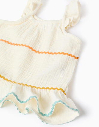 Cotton sleeveless top with ruffles for baby girls, light beige