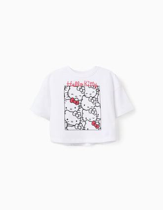 Camiseta de Algodón Cropped para Niña 'Hello Kitty', Blanco