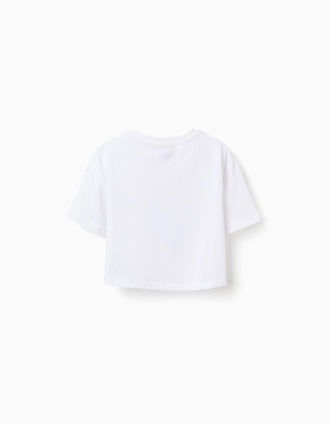 Camiseta de Algodón Cropped para Niña 'Hello Kitty', Blanco