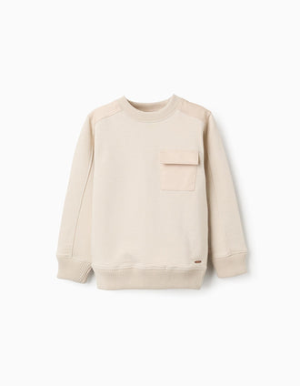 Cotton sweatshirt with chest pocket B&S for boys, light beige
