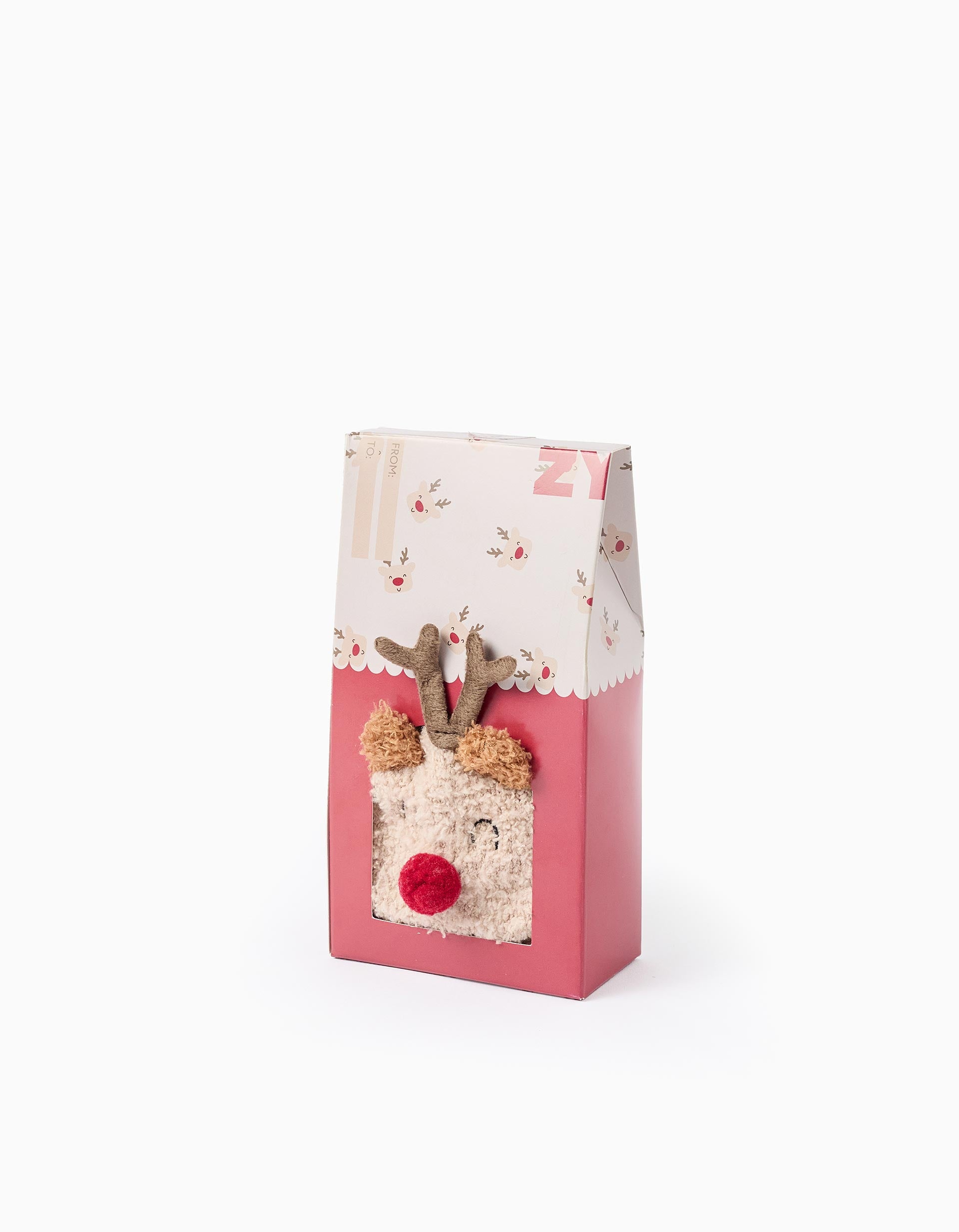 Meias antiderrapantes às riscas e com rena para criança, bege/vermelho