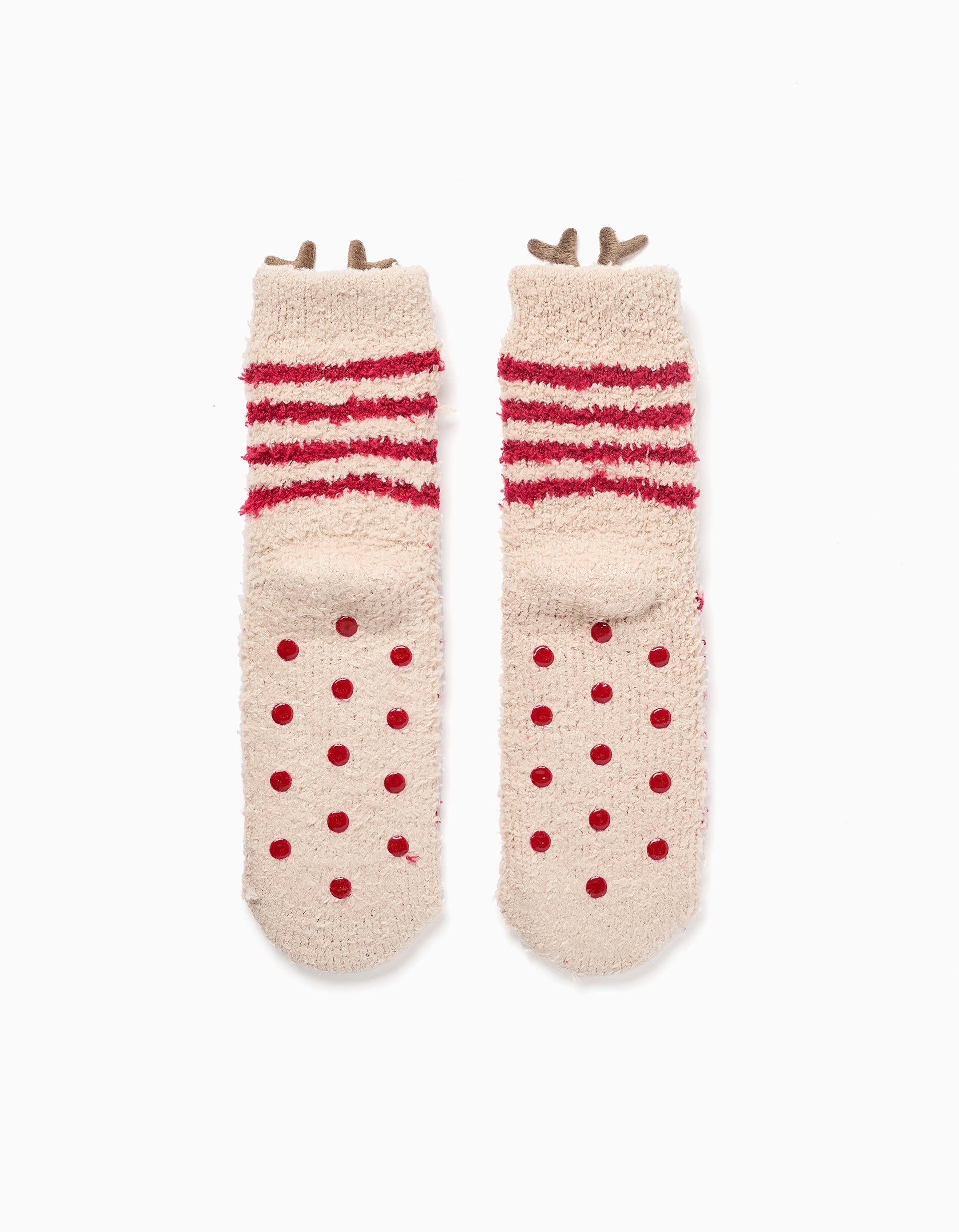 Meias antiderrapantes às riscas e com rena para criança, bege/vermelho