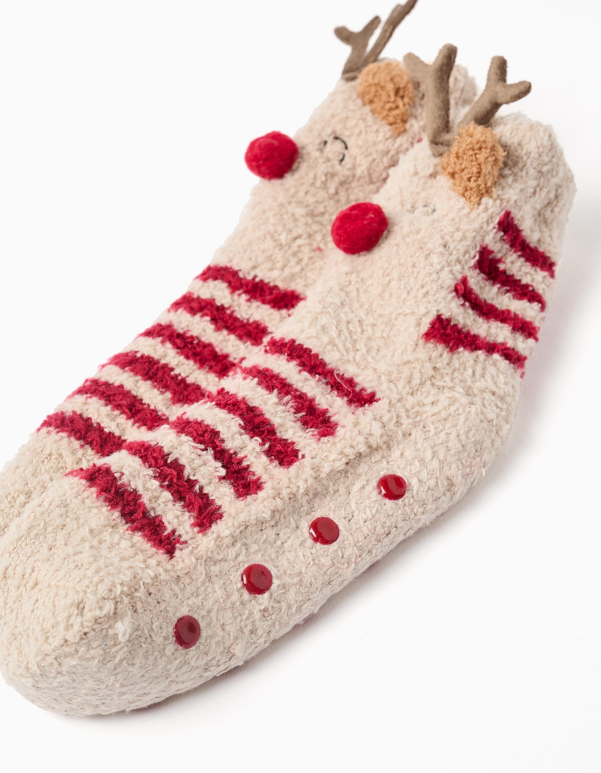 Meias antiderrapantes às riscas e com rena para criança, bege/vermelho