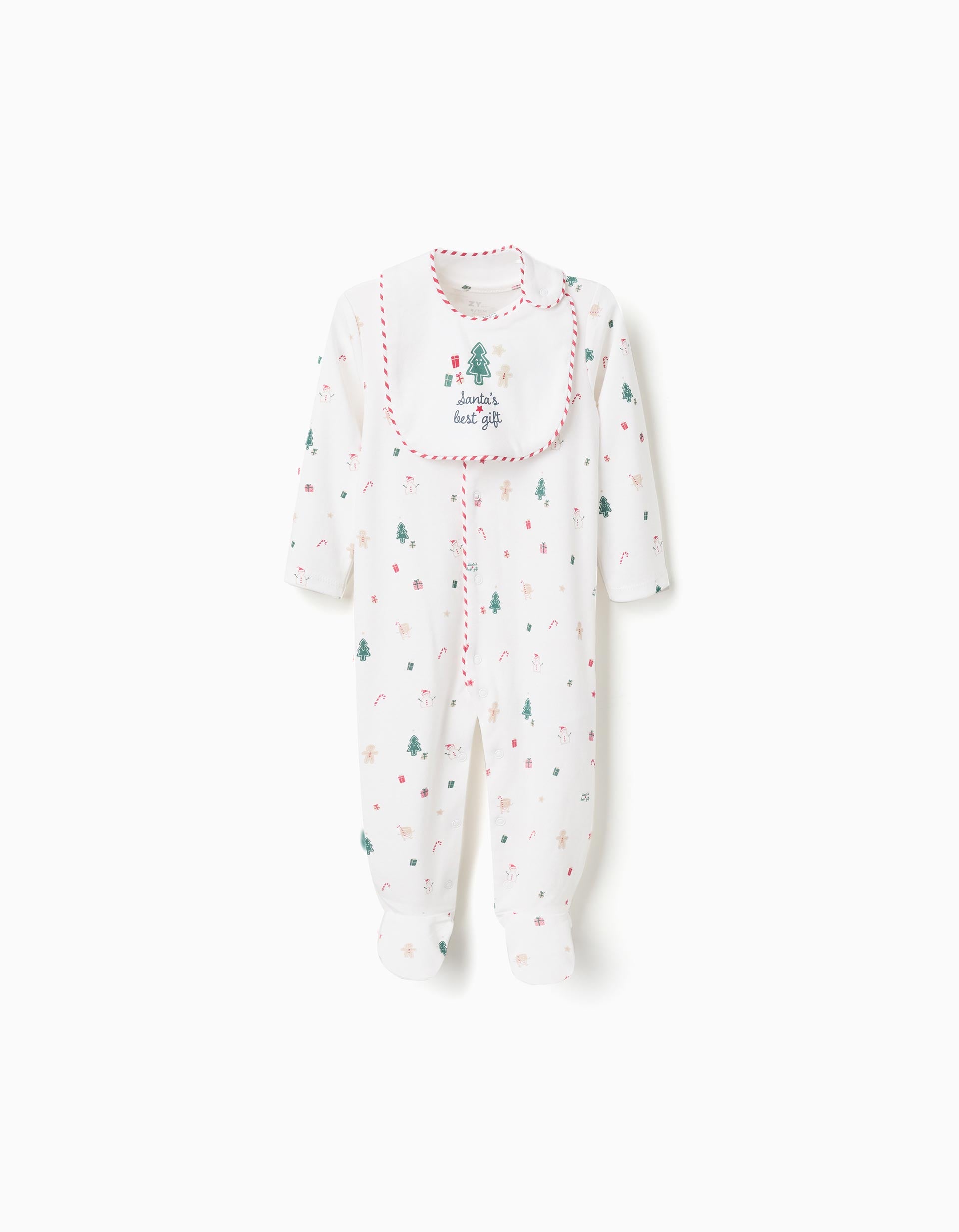 Babygrow and bib cotton set with motif for newborns and babies, white