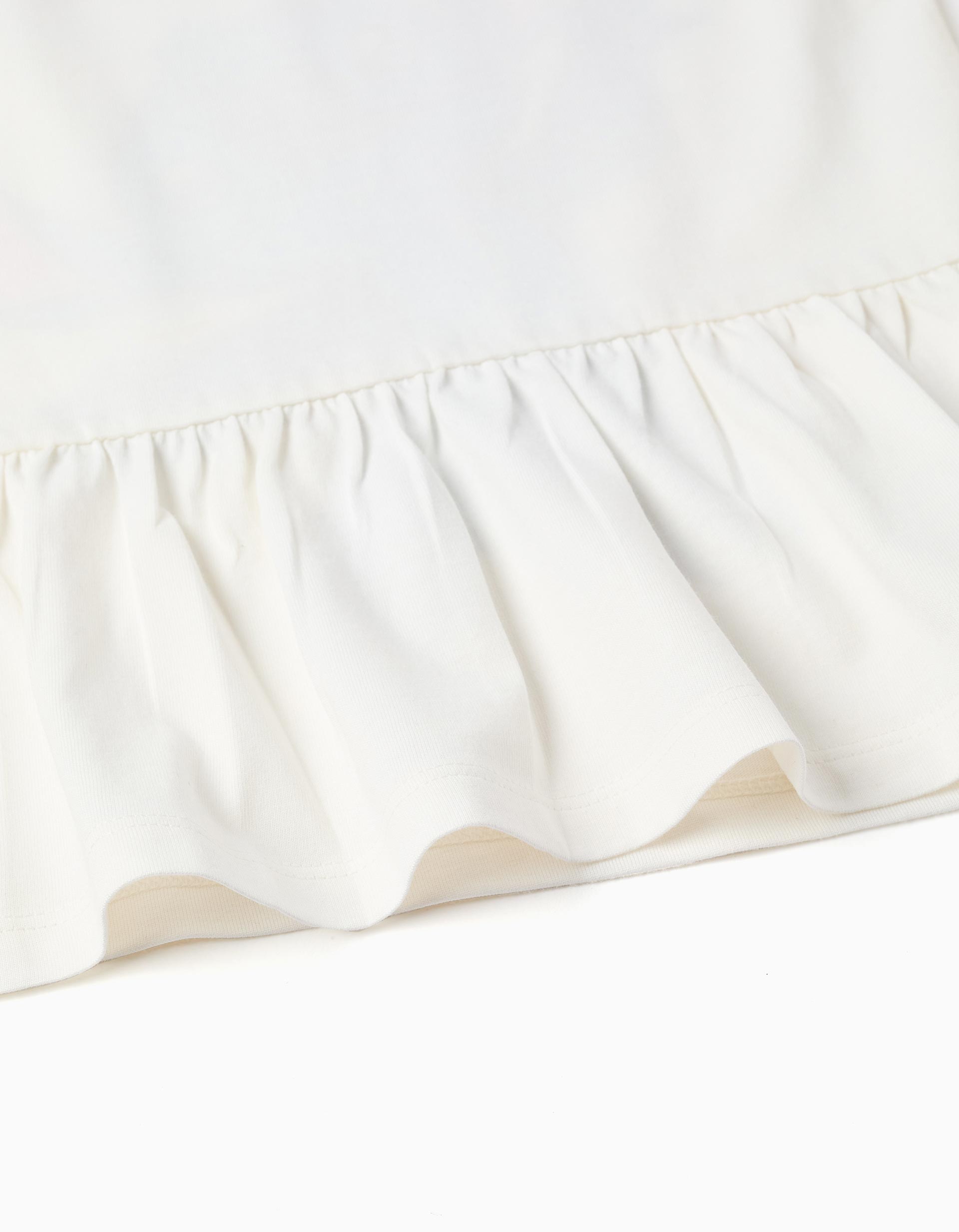 Long sleeve cotton T-shirt with Stitch and ruffles for girls, white