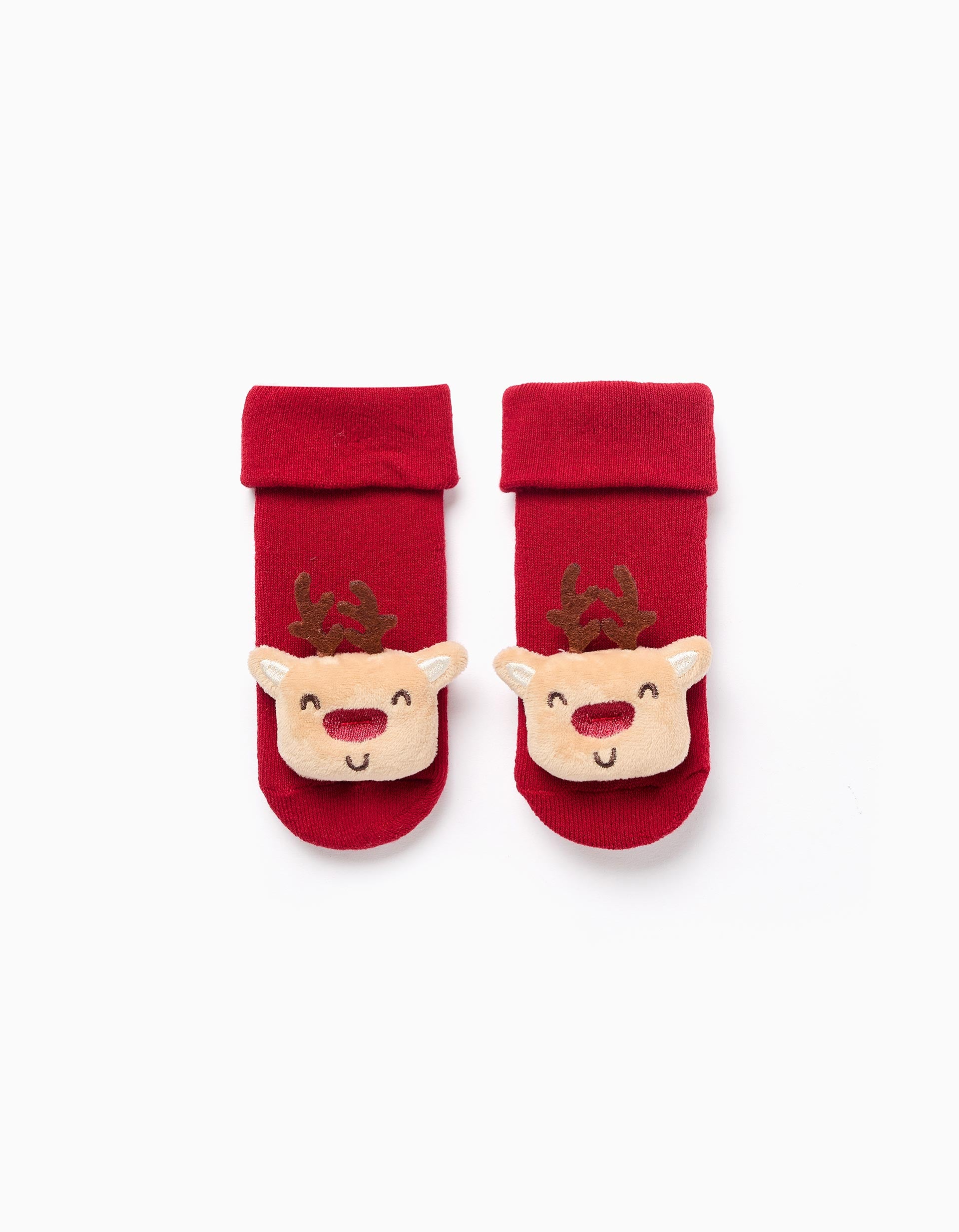 Chaussettes épaisses antidérapantes avec renne 3D pour bébé, rouge