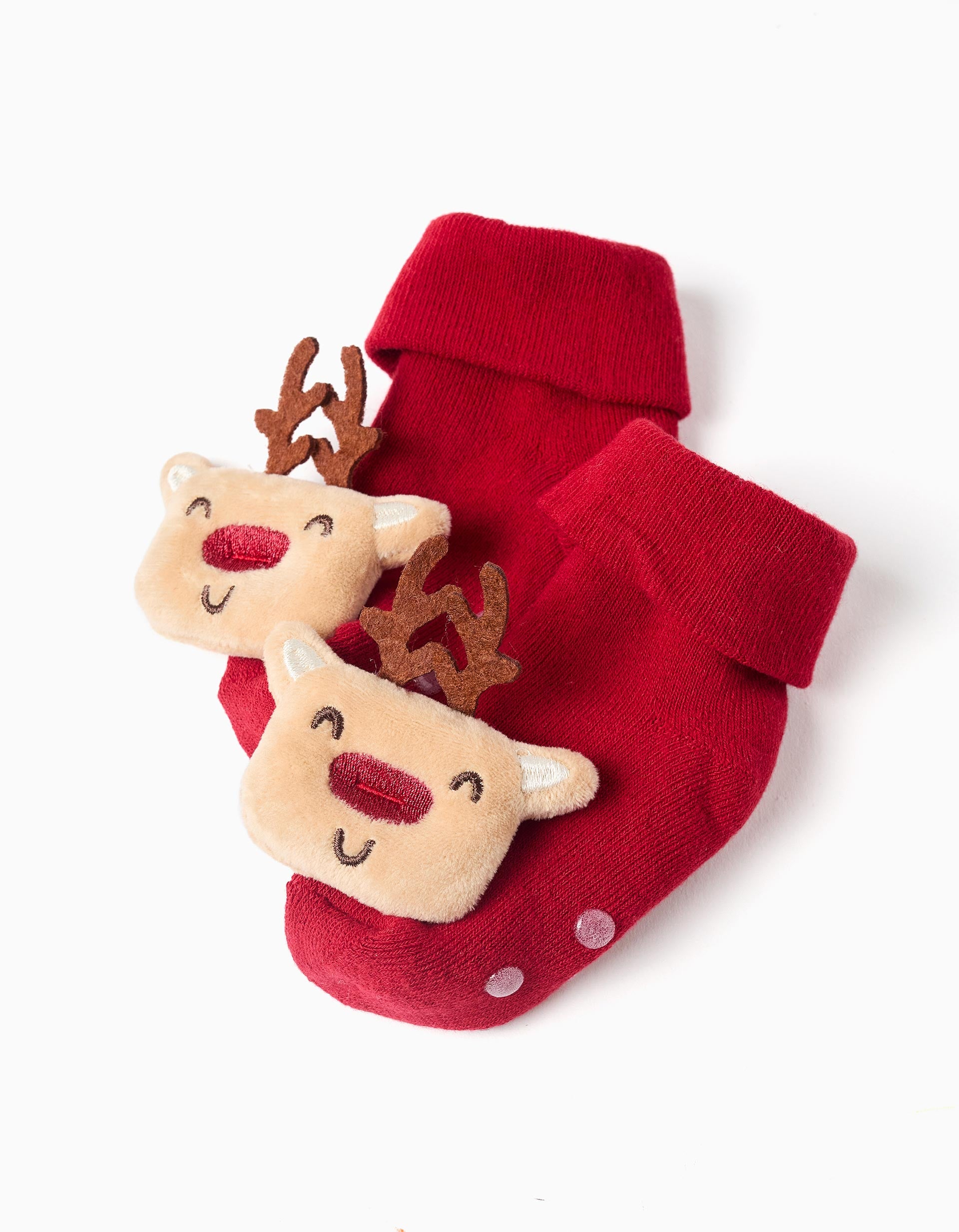 Chaussettes épaisses antidérapantes avec renne 3D pour bébé, rouge