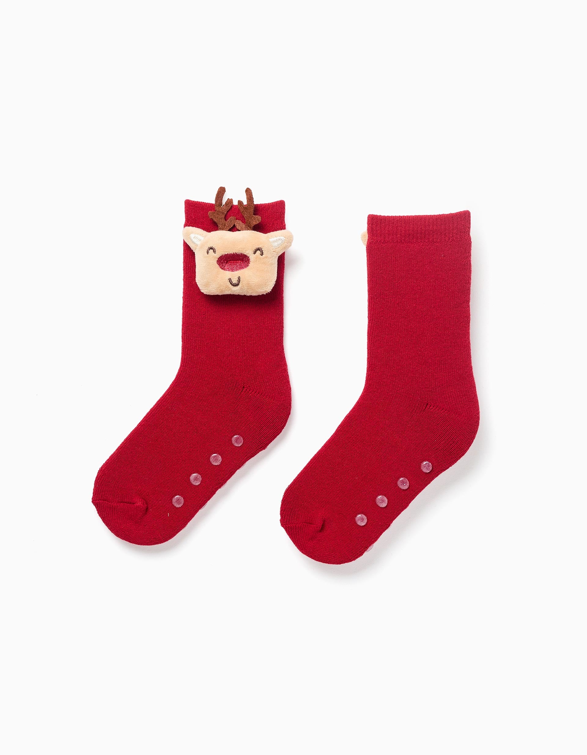 Non-slip thick socks with 3D reindeer for children, red