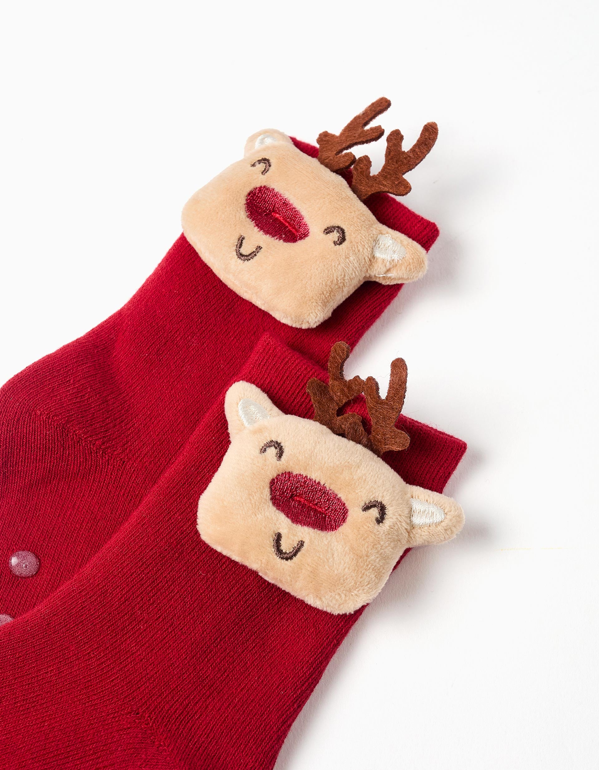 Non-slip thick socks with 3D reindeer for children, red
