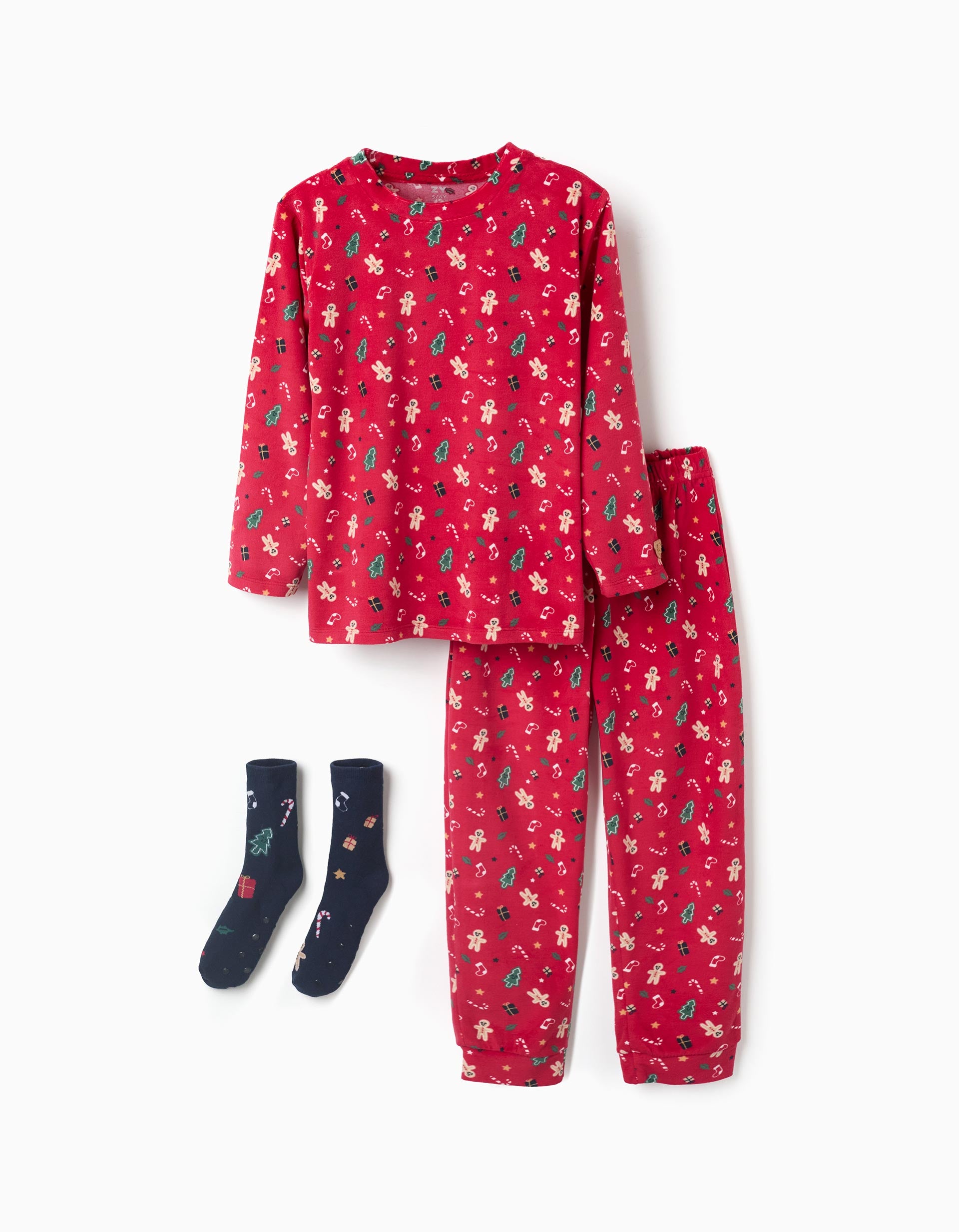 Velvet pyjamas + non-slip socks with Christmas motif for children, red/blue