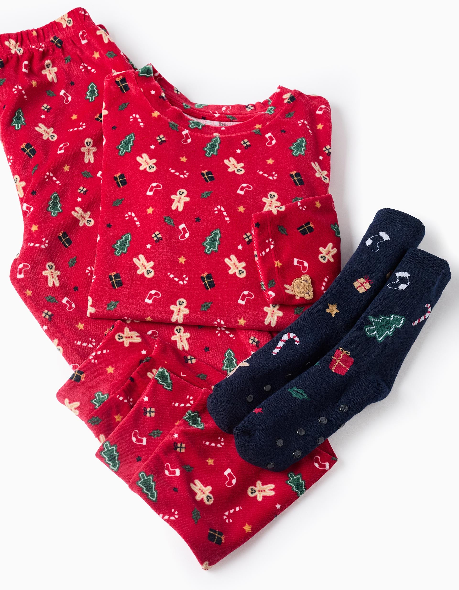 Velvet pyjamas + non-slip socks with Christmas motif for children, red/blue