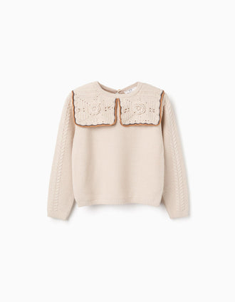 Camisola de malha com gola maxi em crochê B&S para menina, bege