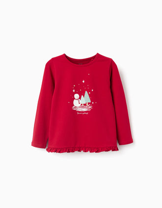 Camiseta con muñeco de nieve estampado y volantes para niña, rojo