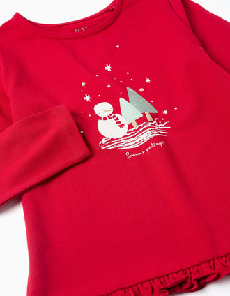 Camiseta con muñeco de nieve estampado y volantes para niña, rojo