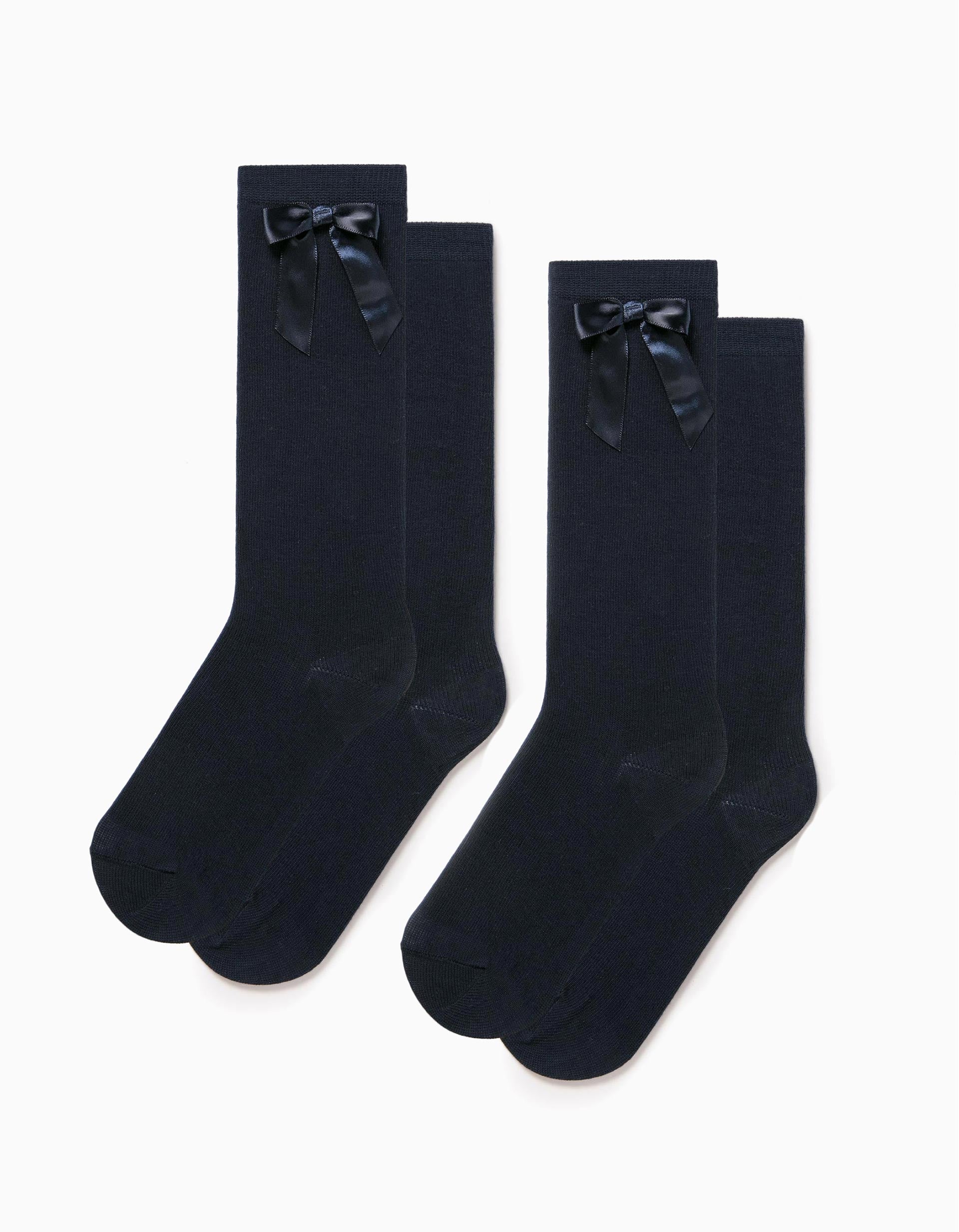 Pack of 2 knee-high socks with bow for girls, dark blue