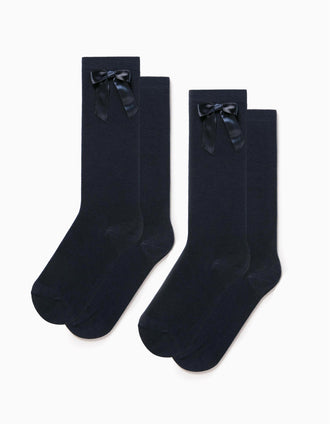 Pack of 2 knee-high socks with bow for girls, dark blue